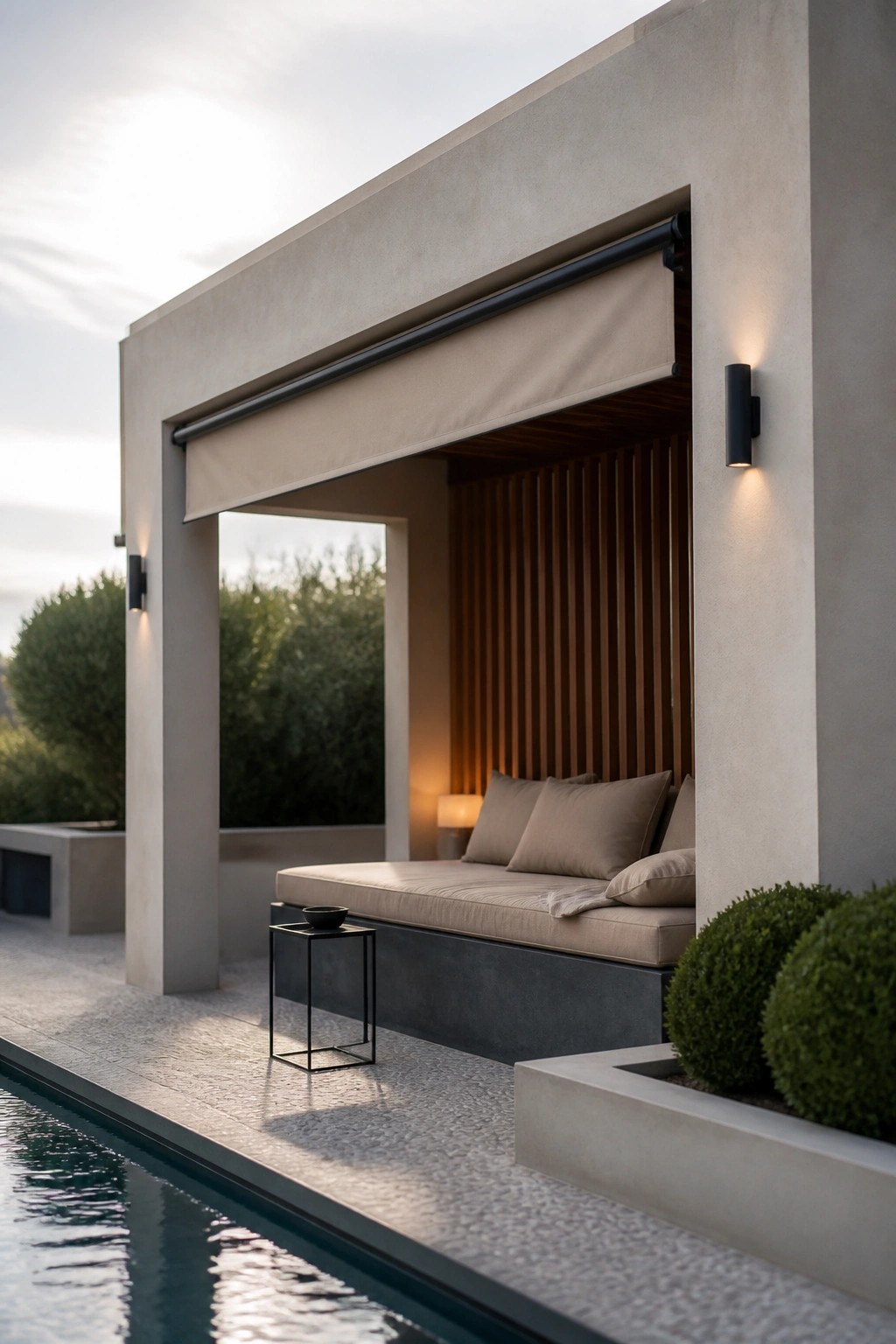 A modern outdoor cabana with a built-in cushioned daybed, rolled beige awning, wooden wall slats, and a pool visible in the foreground.