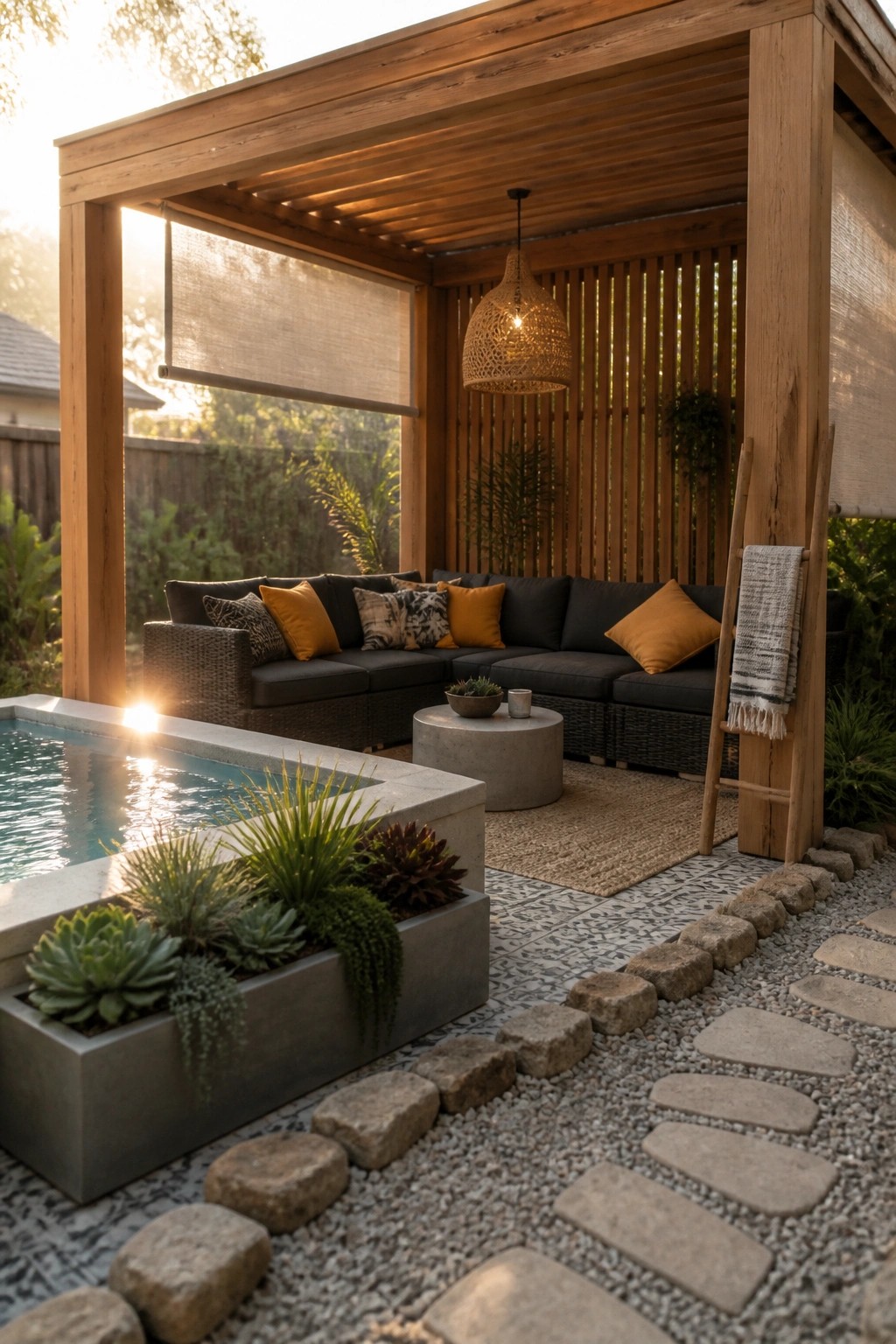 Wooden pergola with sofa beside plunge pool, succulents, and gravel path at sunset