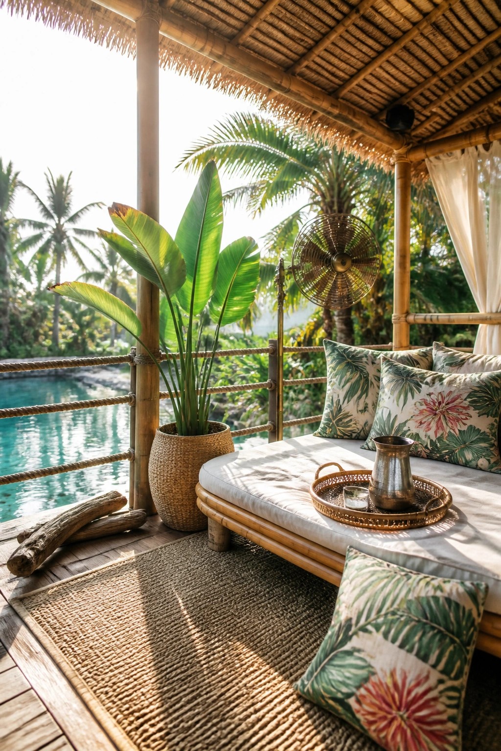 A bamboo cabana with a thatched roof next to a pool, showing a cushioned daybed with tropical pillows under the shade.