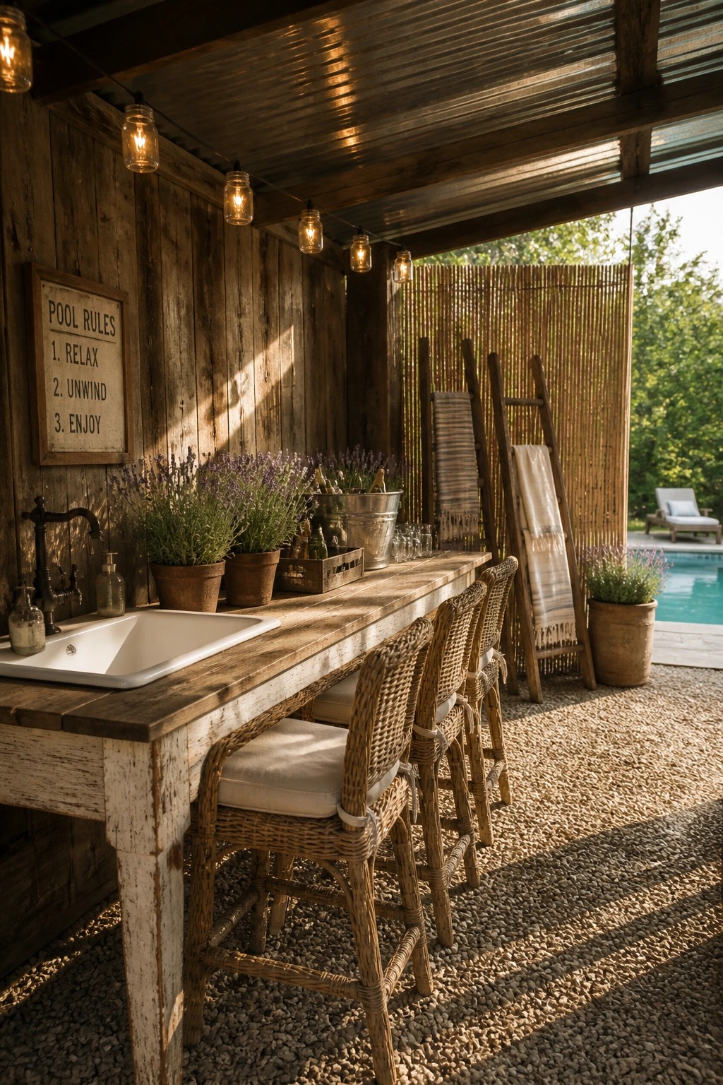 An outdoor wooden bar counter with a white sink, wicker stools, potted lavender, string lights, and a pool visible in the background.
