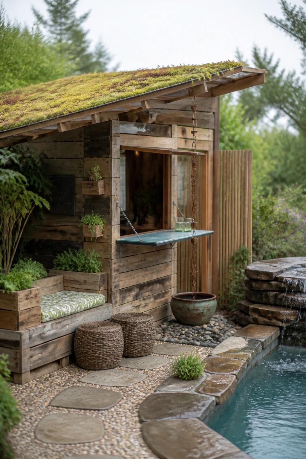 A wooden pool cabana with a moss-covered green roof, fold-down serving counter, woven stools, and stone path beside a swimming pool.