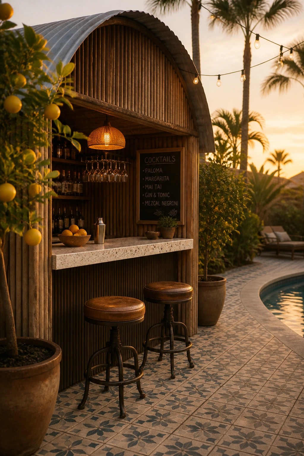 A wooden poolside bar cabana with an arched corrugated metal roof, bar counter, two leather stools, and a chalkboard cocktail menu, set on patterned tile next to a pool with palm trees in the background.