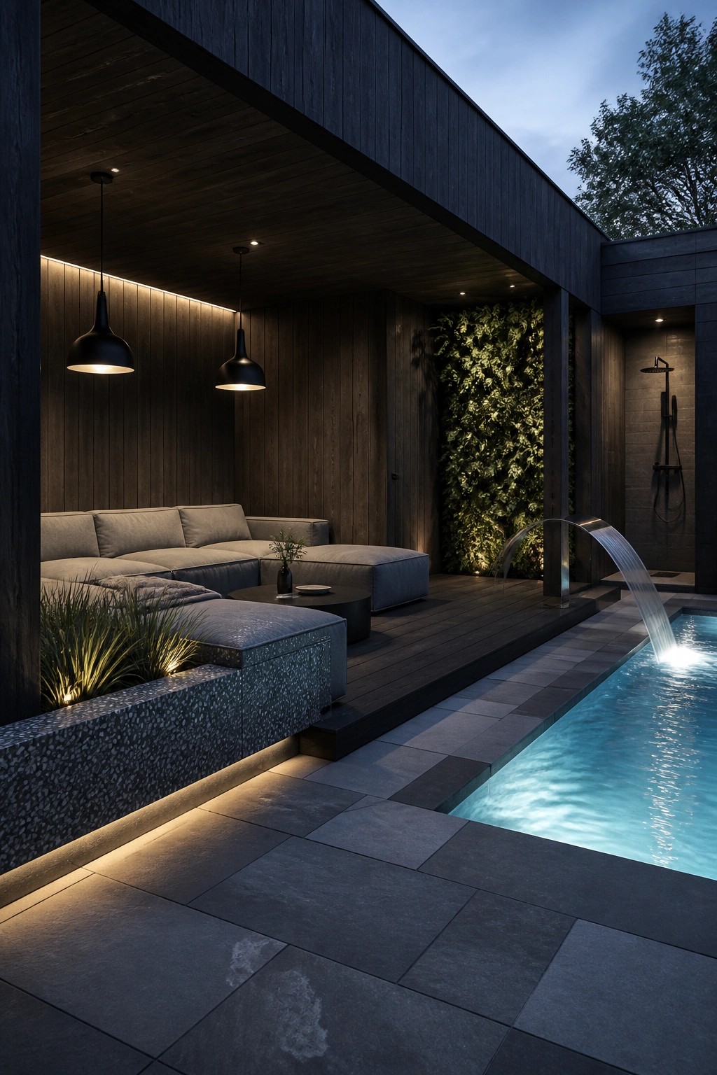 A modern outdoor poolside lounge with dark wood ceiling and walls, gray sectional seating, stone decking, and a water feature spilling into the pool.