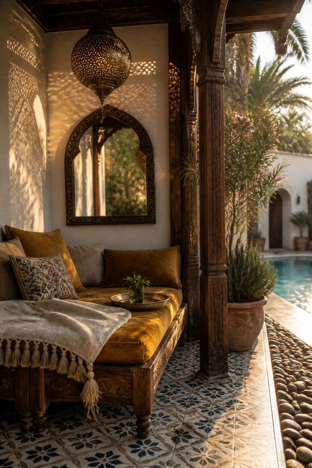 A wooden daybed with mustard cushions and a fringed throw sits on patterned tile under a covered patio next to a pool, with a hanging lantern and an arched mirror on the wall.