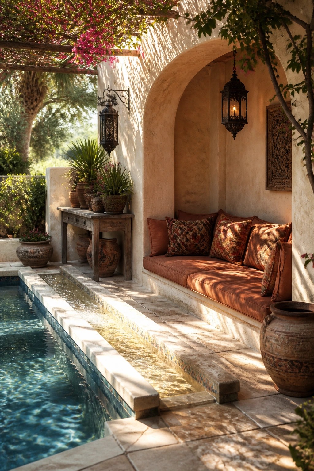 An outdoor poolside scene with a built-in bench seating area inside an arched niche, orange cushions, hanging lanterns, potted plants, and a narrow water channel along the edge.