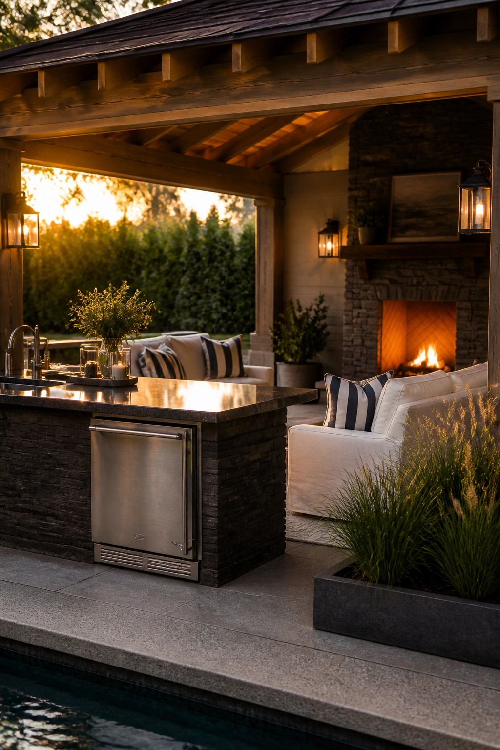 Luxury patio with outdoor kitchen, stone fireplace, white sofas, and pool at sunset