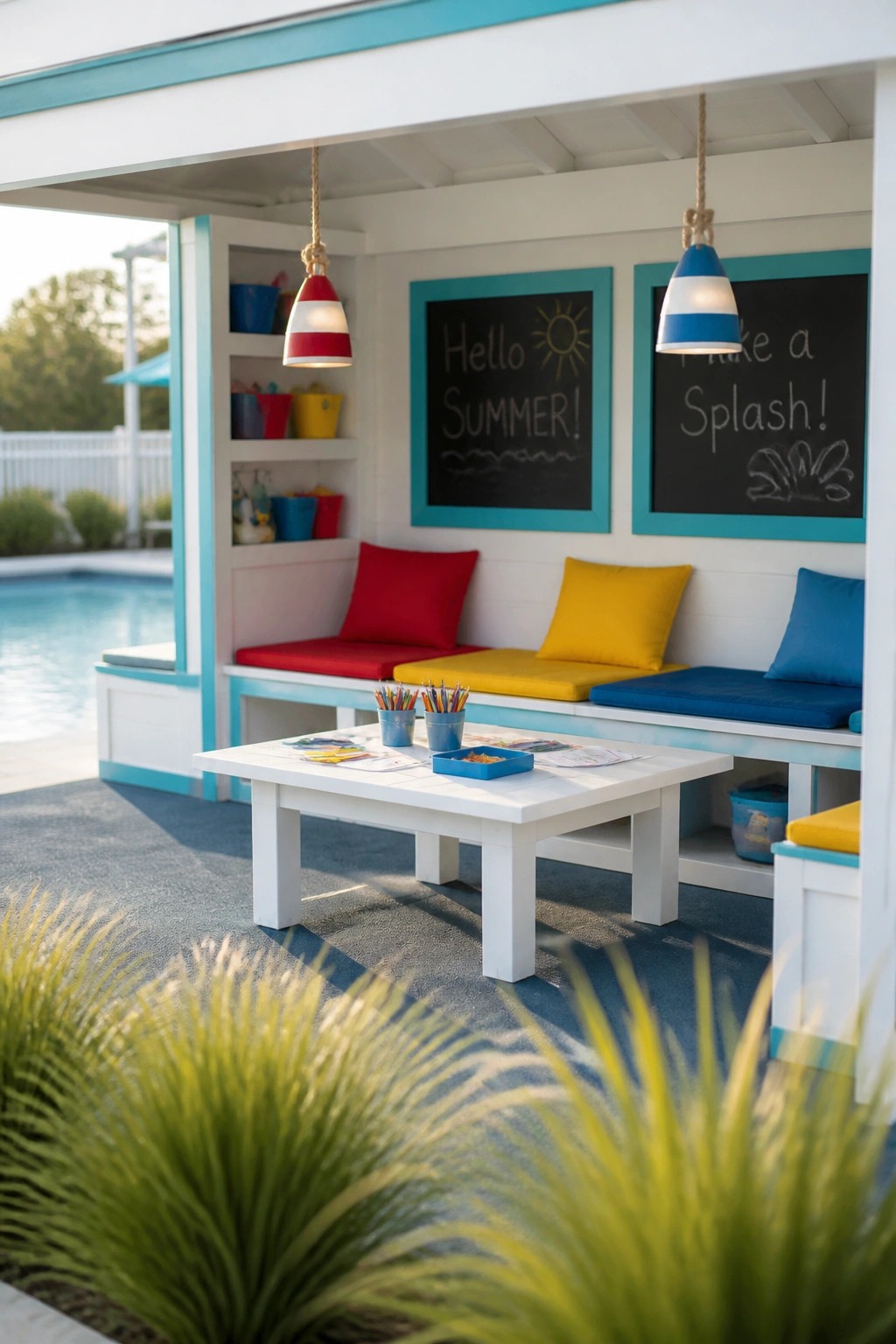 A backyard pool cabana with white built-in benches holding red, yellow, and blue cushions, two chalkboards on the back wall, hanging pendant lights, and a white table with art supplies in the foreground.