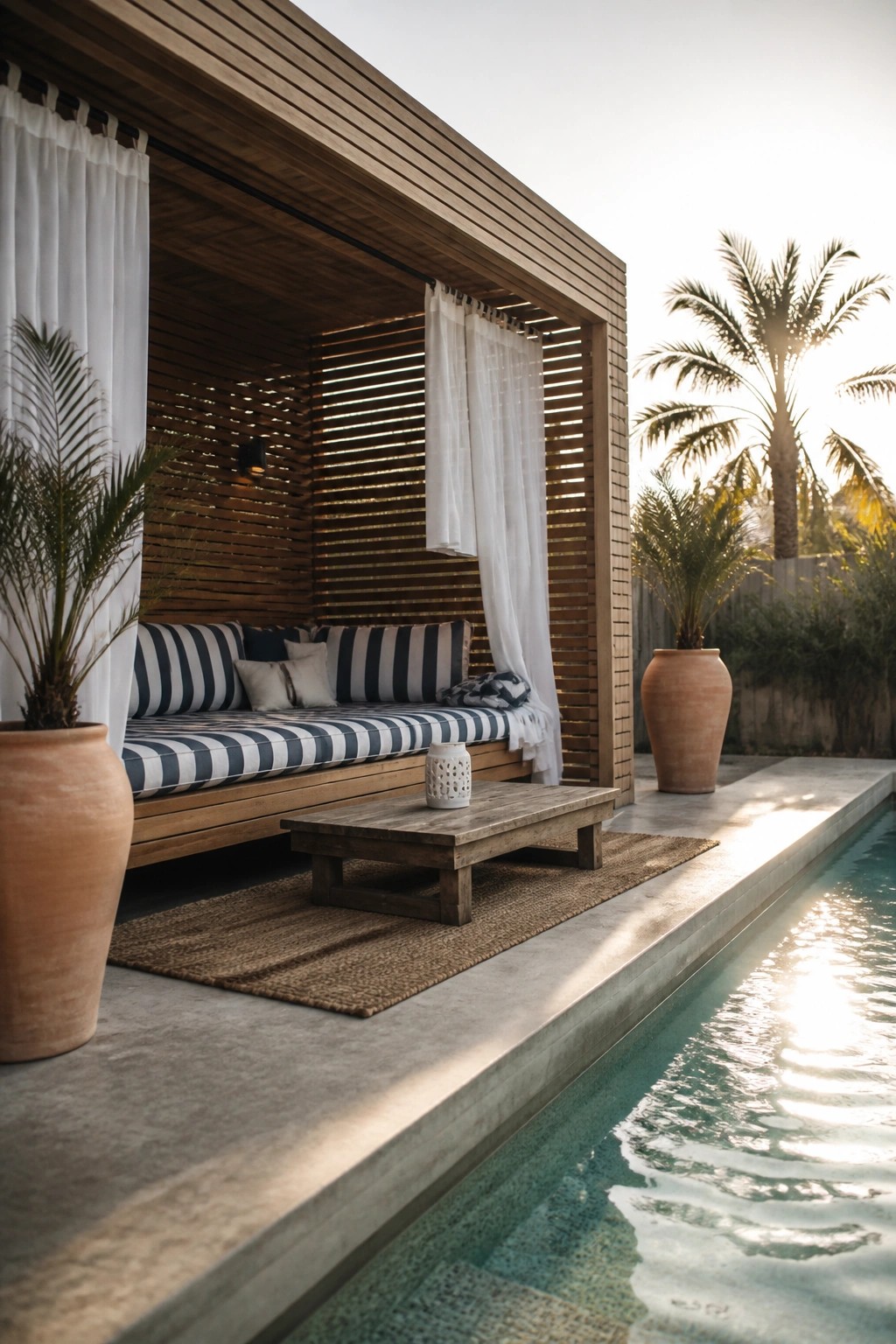 A wooden pool cabana with a daybed, striped cushions, white curtains on a rod, and large terracotta pots next to a swimming pool.