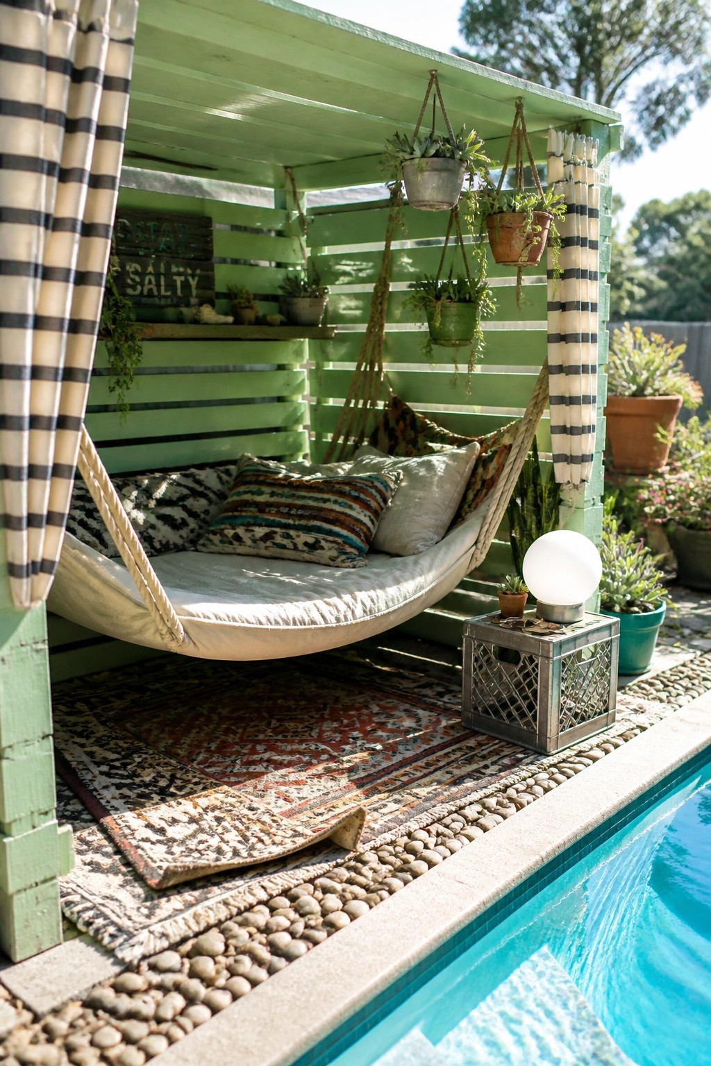 Green cabana with hanging hammock bed beside pool, rugs and hanging plants.