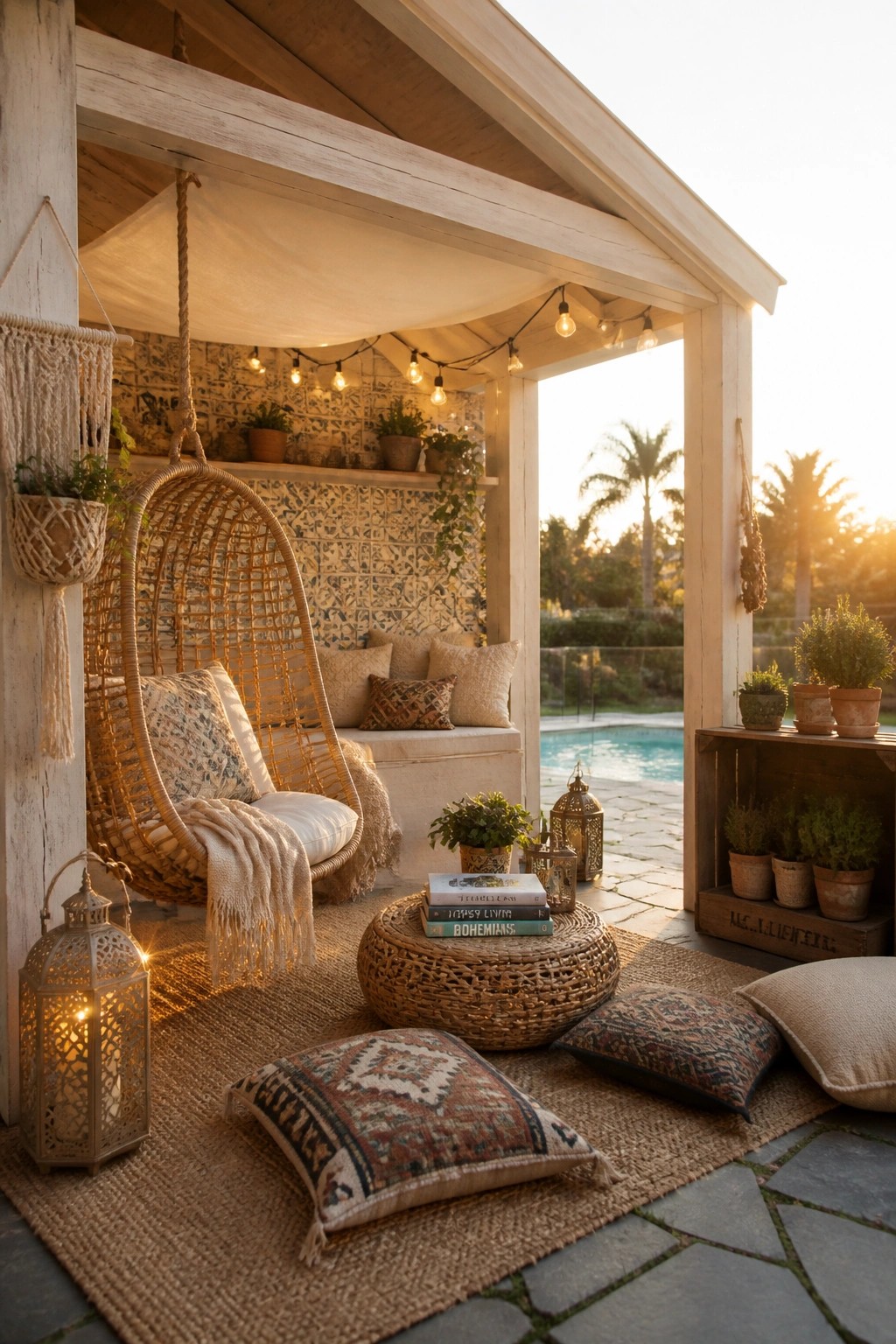 An outdoor pool cabana with a hanging wicker chair, woven rug, floor cushions, string lights, and potted plants overlooking a pool.