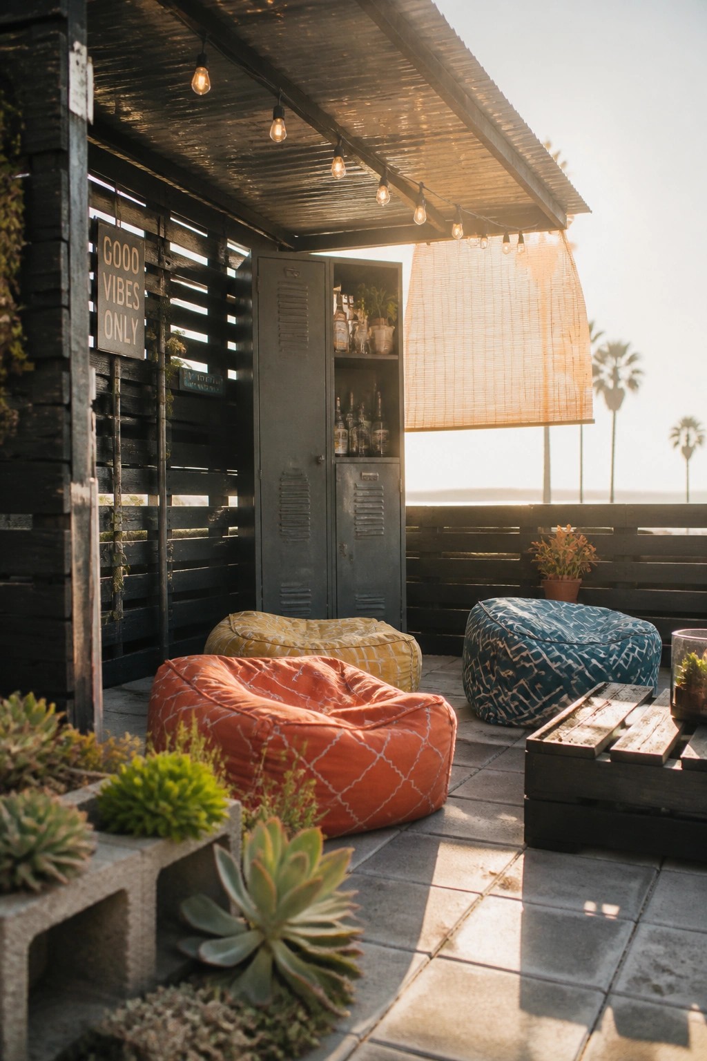 Rustic patio with colorful bean bags, string lights, metal lockers, and palm trees