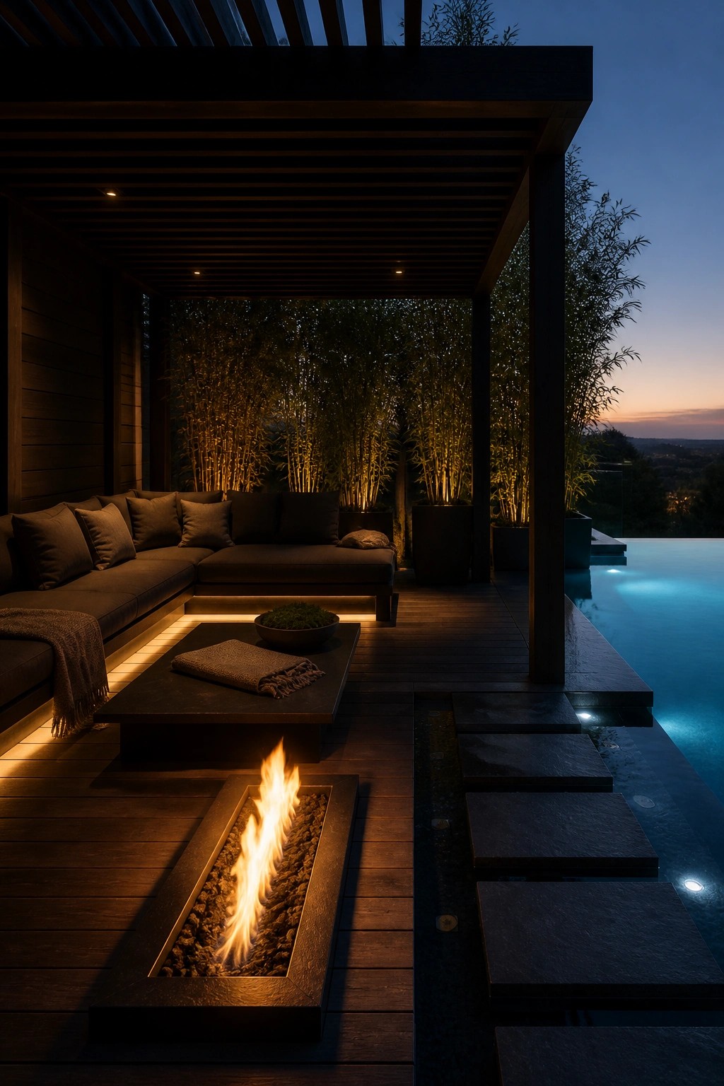 A wooden deck with a rectangular fire pit built into the surface, dark cushioned seating under a pergola, and a pool visible to the right at dusk.