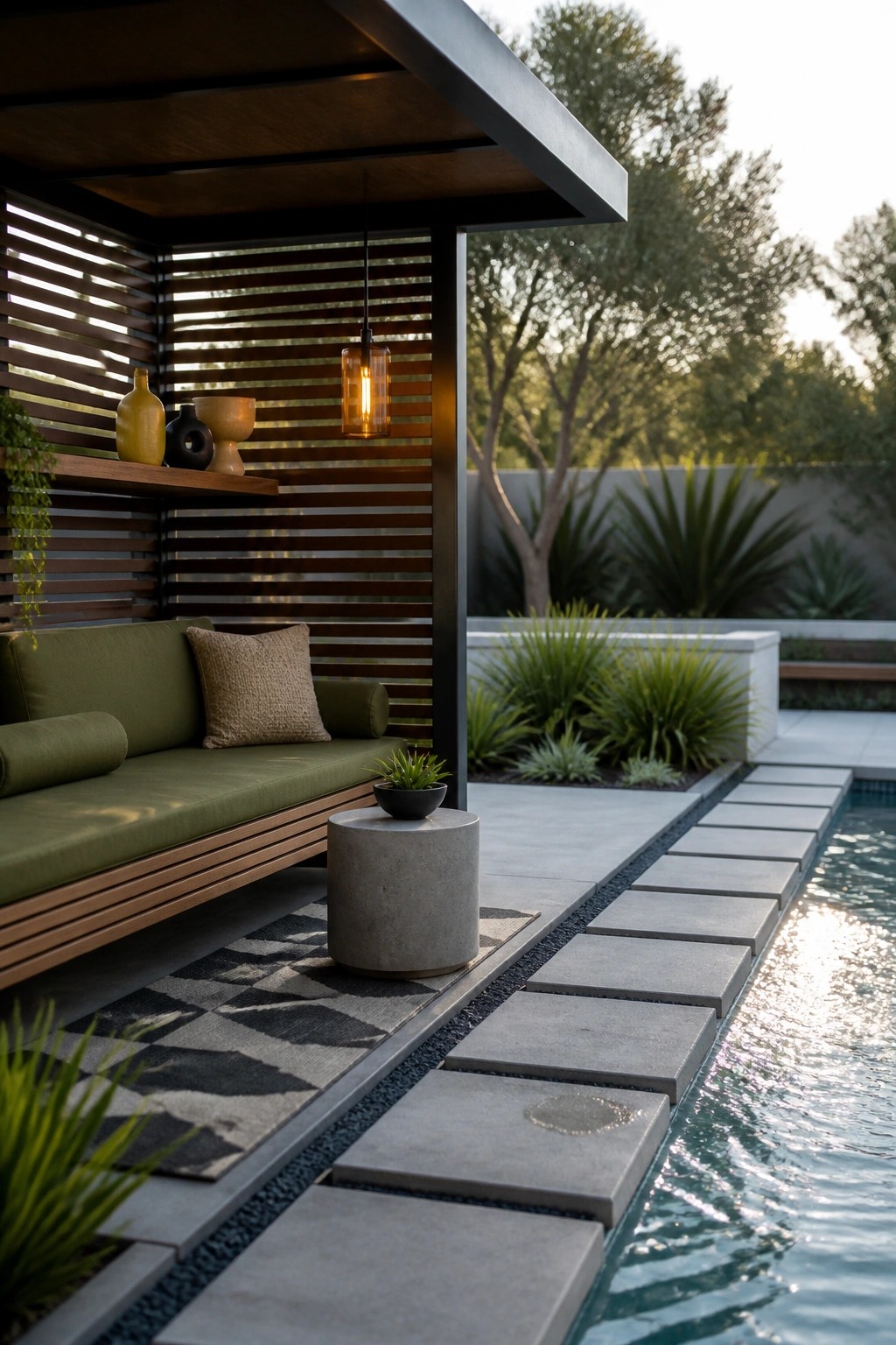 An outdoor pool cabana with a green cushioned bench, horizontal wood slats on the back wall, a hanging pendant light, a concrete side table, and gray stepping stones leading along the pool edge.