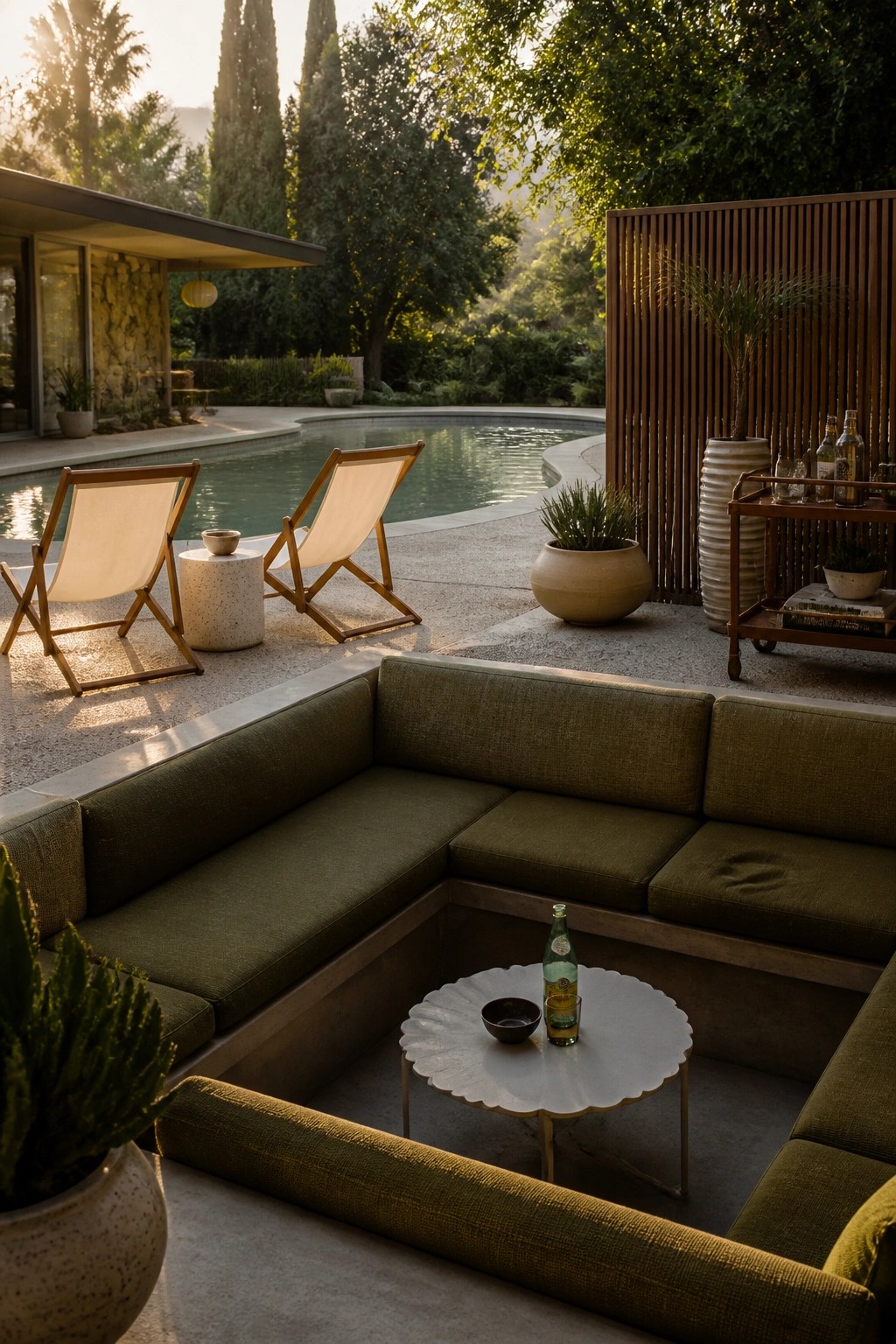 23 Fresh Pool Patio Furniture Ideas That Create Comfortable Outdoor Gathering Spaces A large olive green sectional sofa sits on a concrete patio beside a swimming pool, with a small round table holding a bottle and glass in the center.