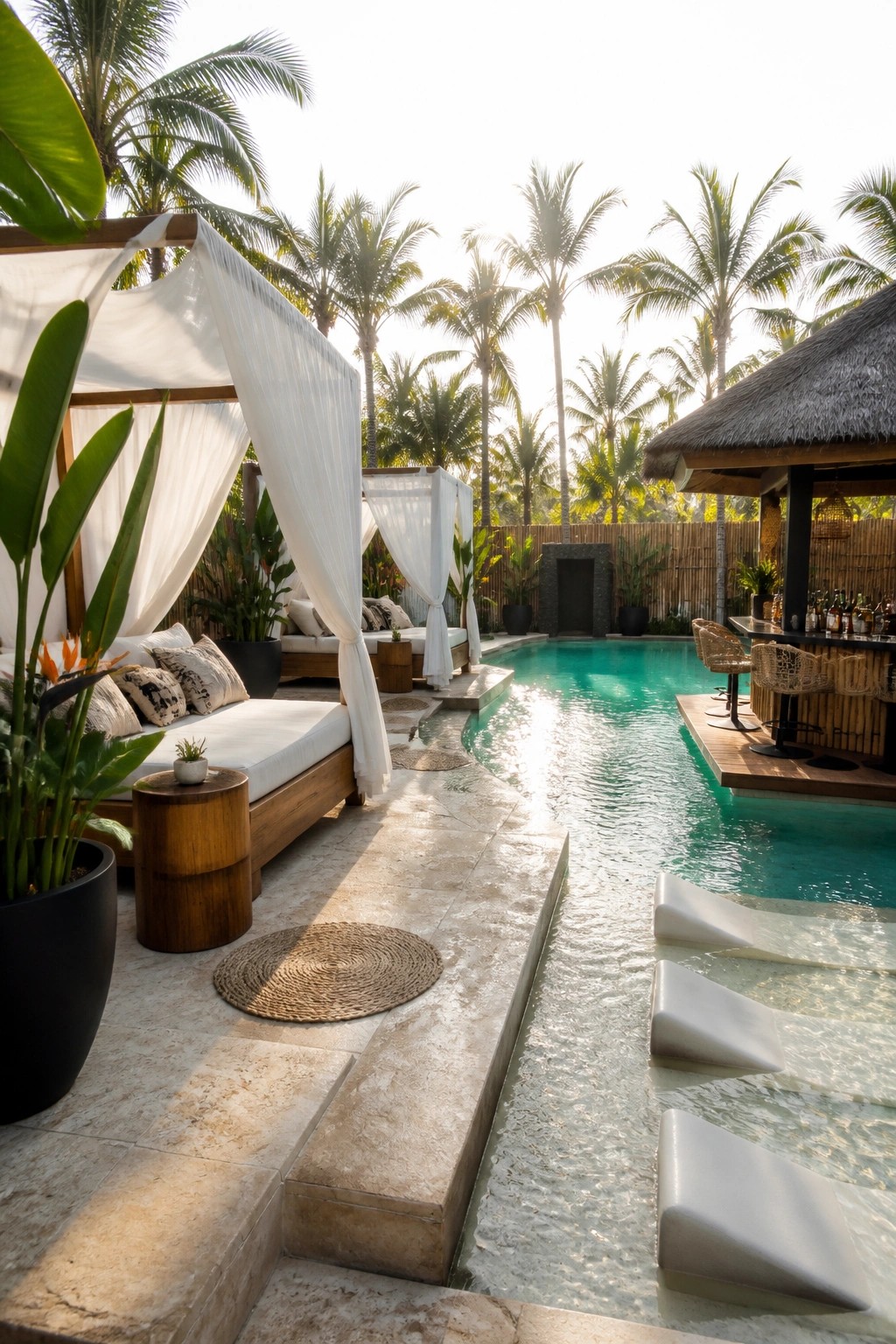23 Fresh Pool Patio Furniture Ideas That Create Comfortable Outdoor Gathering Spaces A resort-style pool patio with white lounge chairs partially submerged along the pool edge, wooden daybeds with white curtains, a thatched bar, and tropical plants.