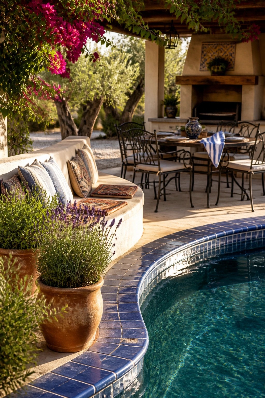 23 Fresh Pool Patio Furniture Ideas That Create Comfortable Outdoor Gathering Spaces A curved concrete bench with striped cushions sits along the edge of a swimming pool next to a dining table and outdoor fireplace.