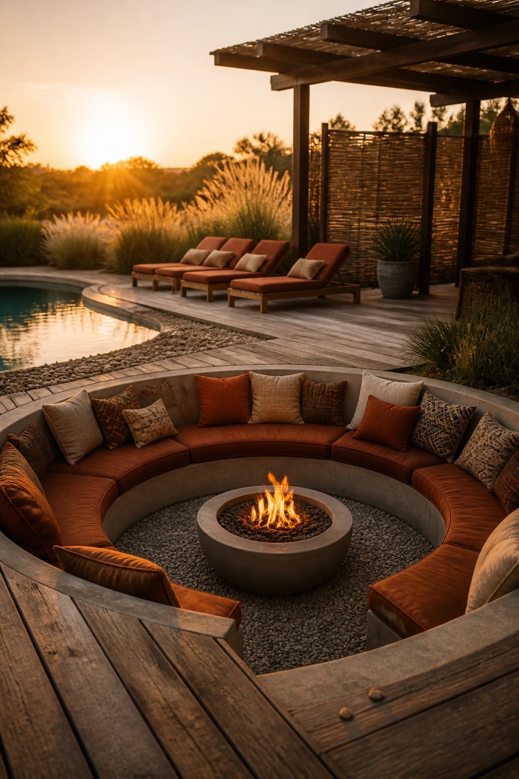 23 Fresh Pool Patio Furniture Ideas That Create Comfortable Outdoor Gathering Spaces A curved concrete bench with orange and neutral cushions surrounds a central fire pit on a wooden deck beside a swimming pool at sunset.