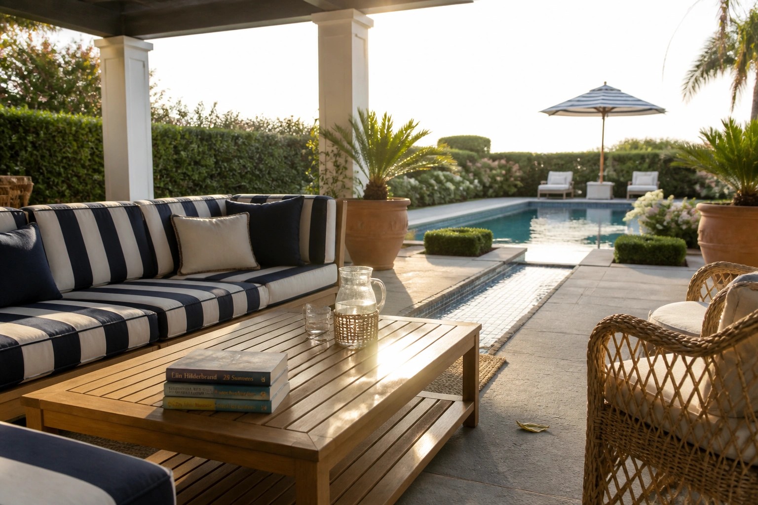 A wooden outdoor sectional with blue and white striped cushions sits on a stone patio beside a long swimming pool, with a matching striped umbrella and two wicker chairs nearby.