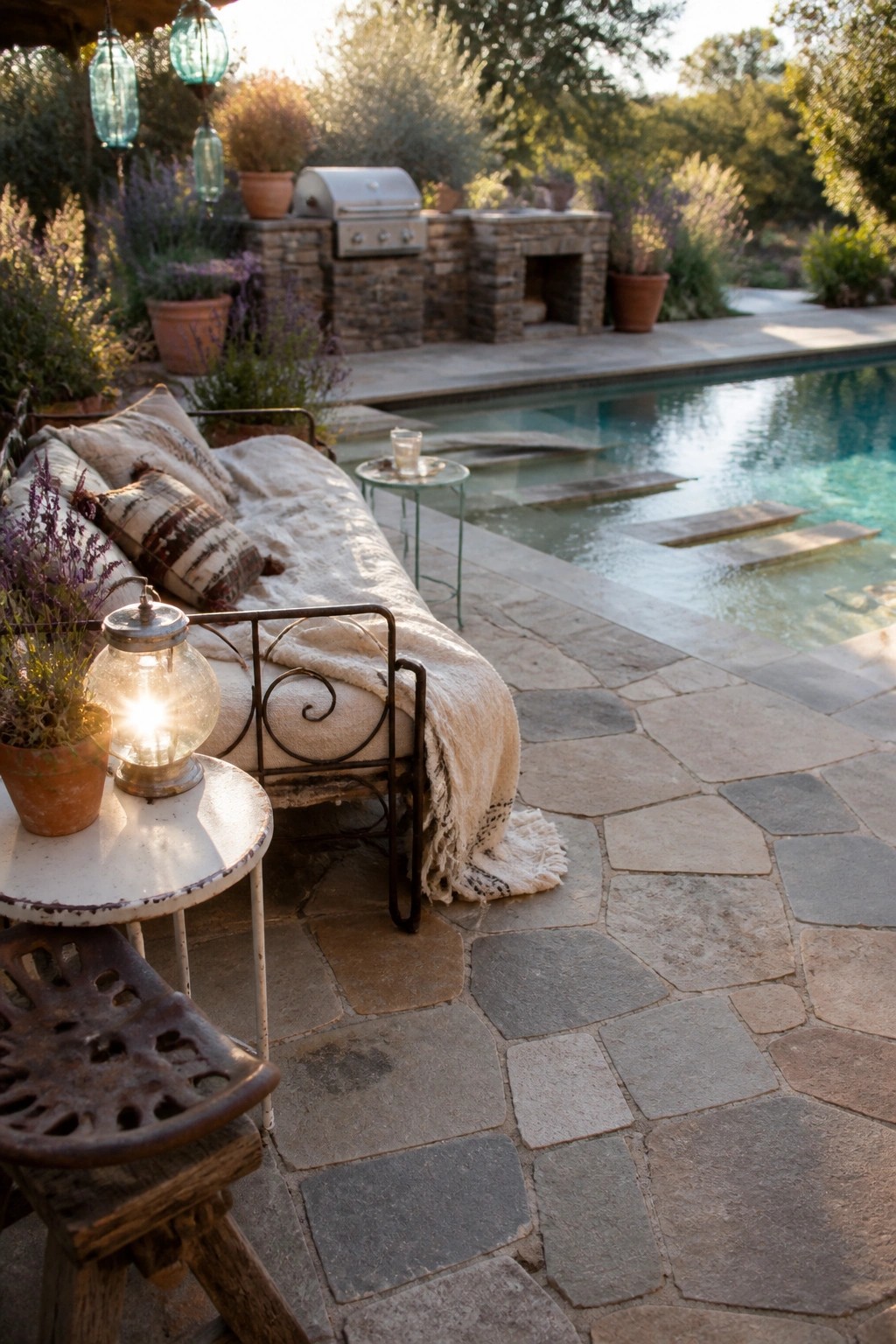 23 Fresh Pool Patio Furniture Ideas That Create Comfortable Outdoor Gathering Spaces A stone patio next to a swimming pool shows a metal daybed with cushions and a throw, a small side table holding a lit lantern, and potted plants along the edge.