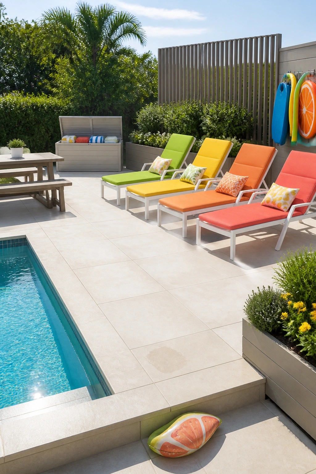23 Fresh Pool Patio Furniture Ideas That Create Comfortable Outdoor Gathering Spaces A swimming pool patio with four lounge chairs in bright green, yellow, orange, and red cushions lined up on light tiles beside the water.