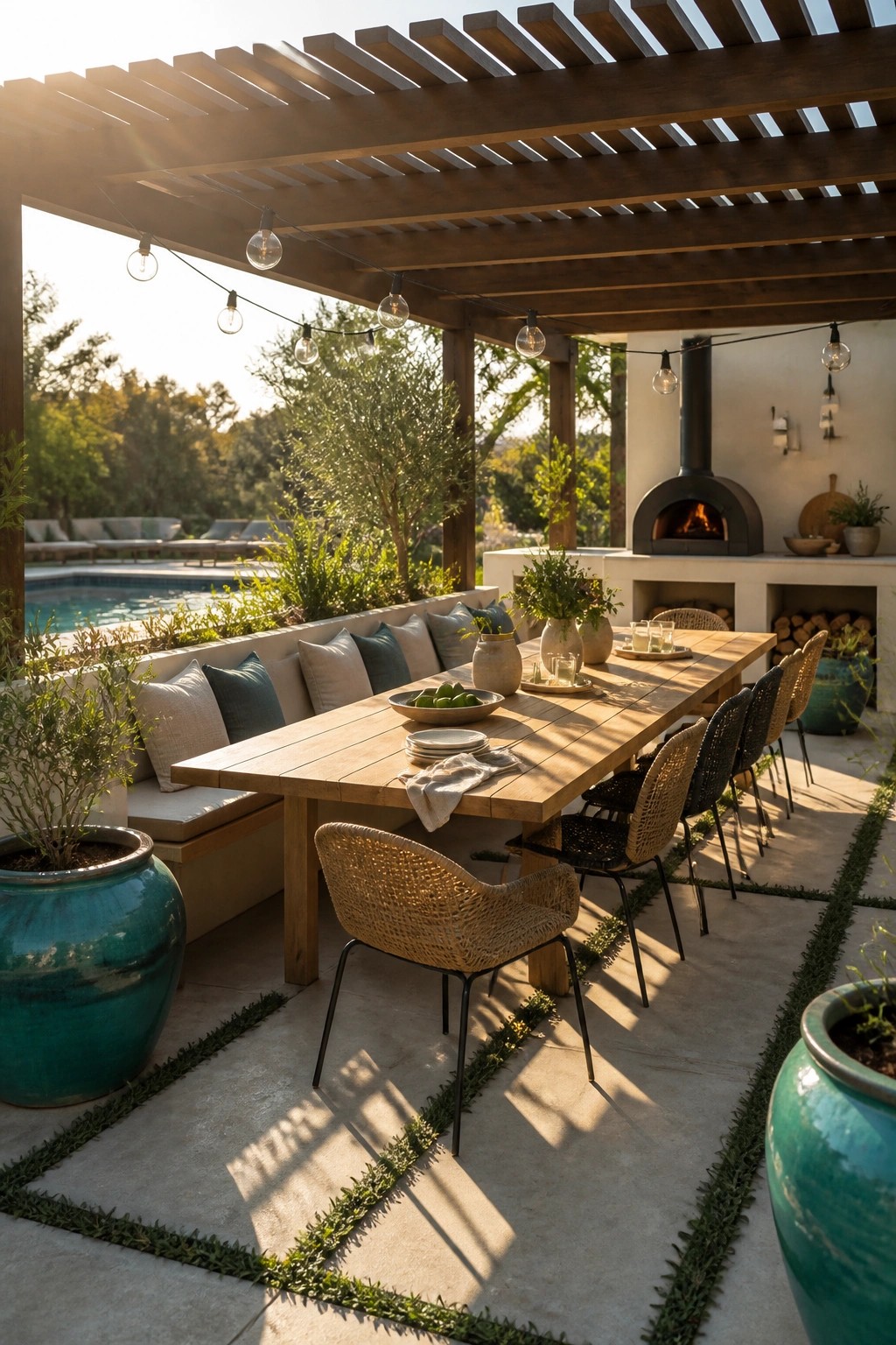 23 Fresh Pool Patio Furniture Ideas That Create Comfortable Outdoor Gathering Spaces A long wooden dining table with a built-in bench on one side and mixed chairs on the other sits under a pergola with string lights beside a swimming pool.