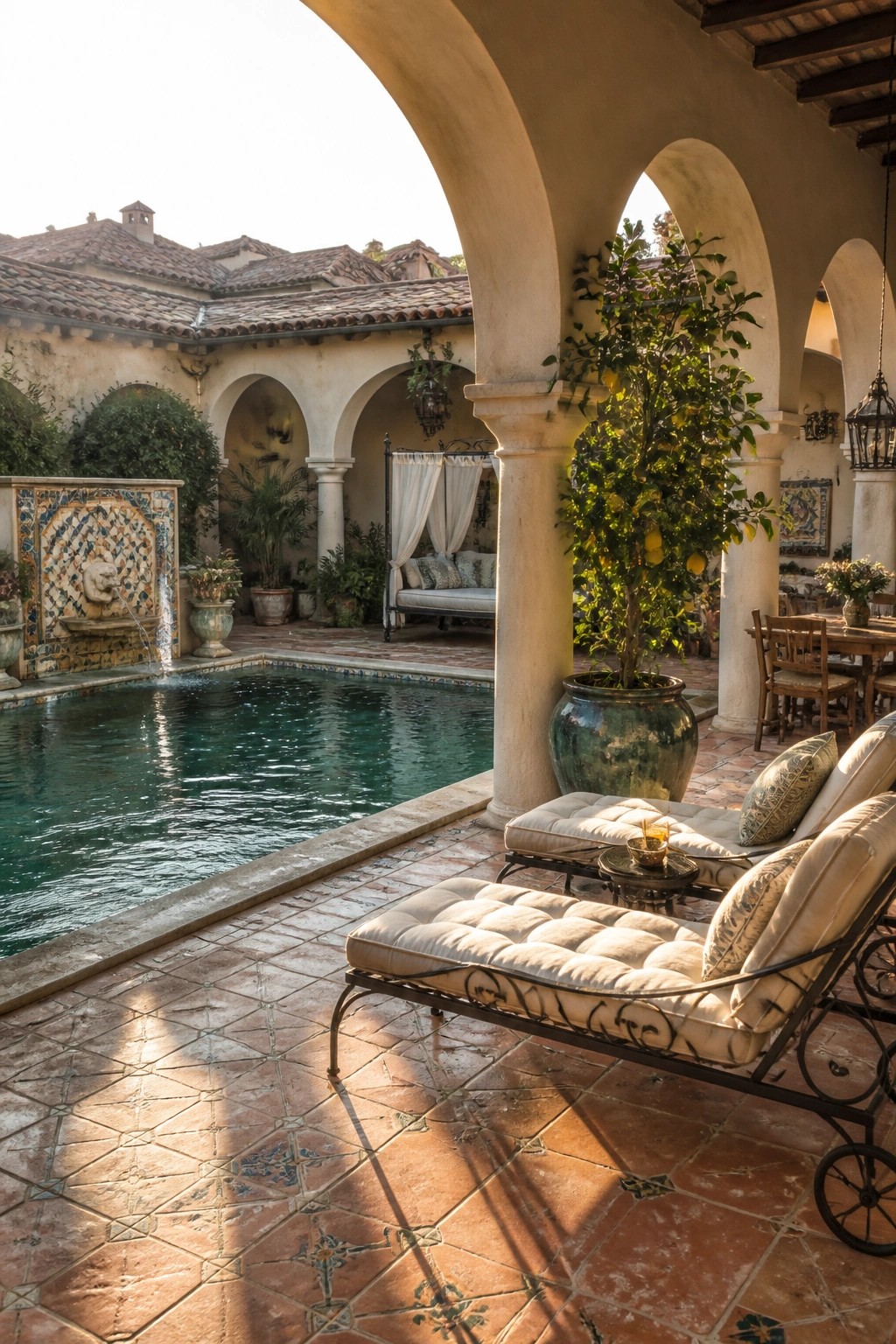 23 Fresh Pool Patio Furniture Ideas That Create Comfortable Outdoor Gathering Spaces A tiled pool patio with two cushioned metal lounge chairs positioned near the water, a large potted lemon tree, and arched walkways in the background.