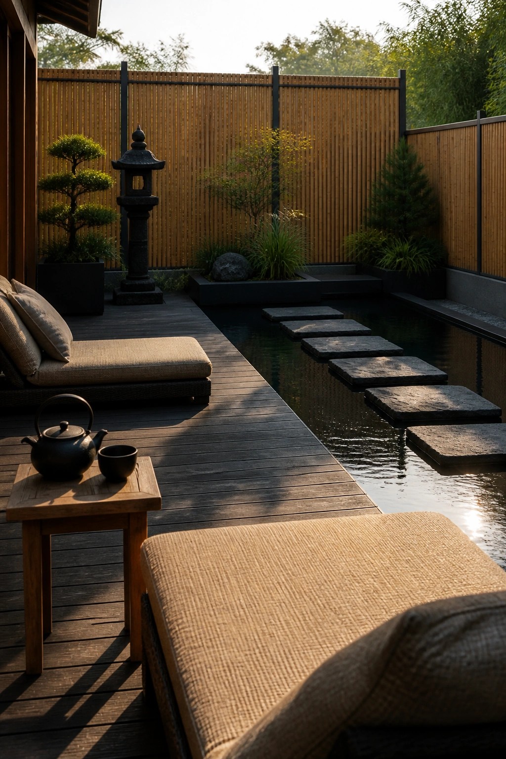 23 Fresh Pool Patio Furniture Ideas That Create Comfortable Outdoor Gathering Spaces Zen garden with wooden deck, stepping stones, stone lantern, and lounge chairs