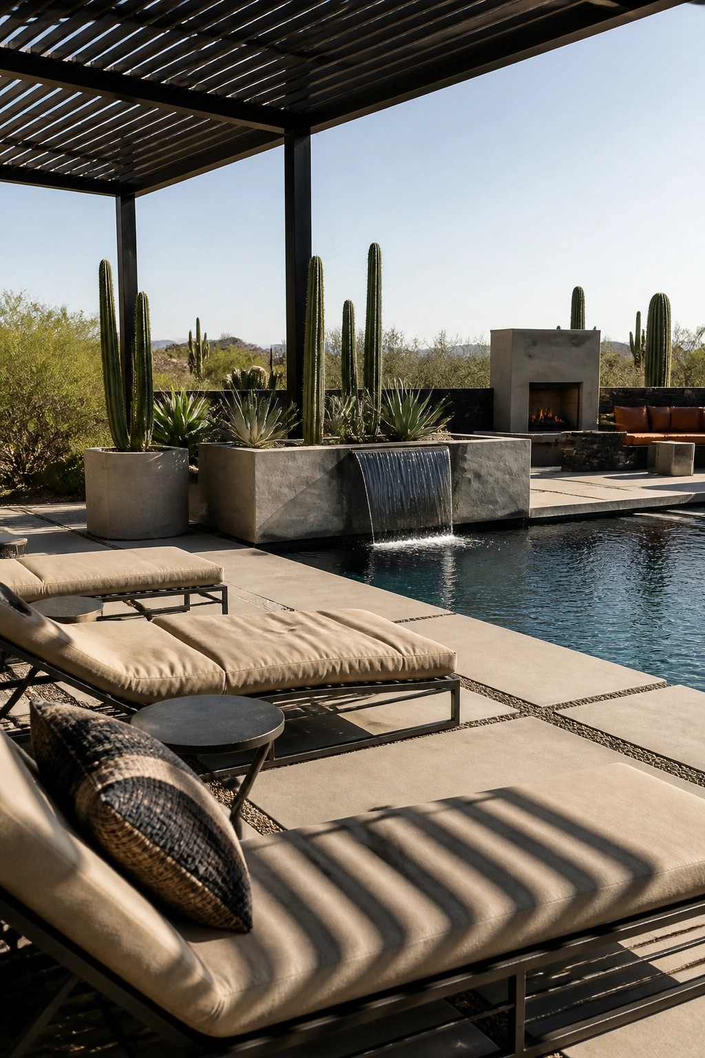 23 Fresh Pool Patio Furniture Ideas That Create Comfortable Outdoor Gathering Spaces Several cushioned lounge chairs arranged on a concrete pool deck beneath a slatted pergola, next to a swimming pool with a concrete water feature and desert landscaping.