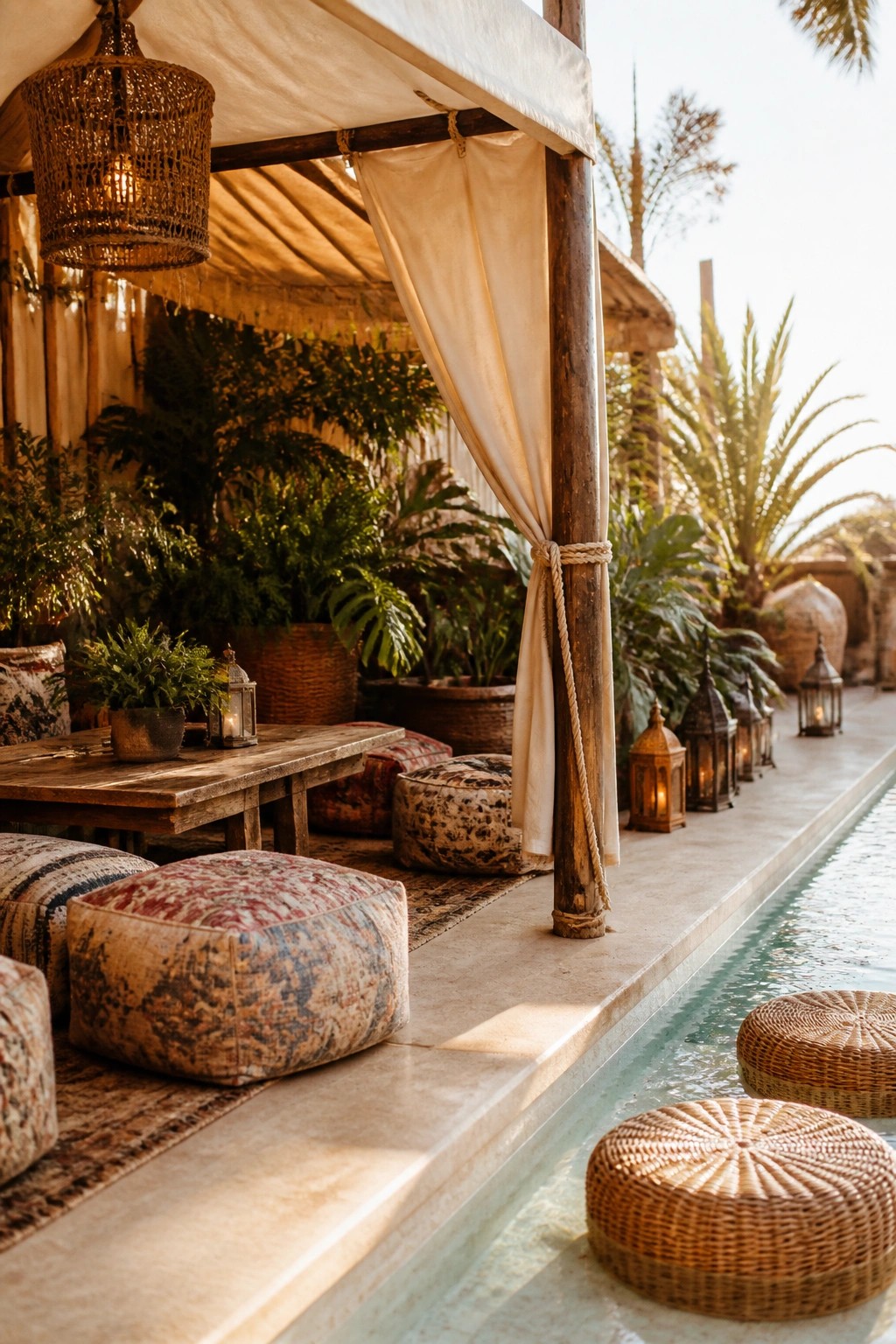 23 Fresh Pool Patio Furniture Ideas That Create Comfortable Outdoor Gathering Spaces A poolside seating area with patterned floor poufs, woven stools, a wooden table, and lit lanterns arranged along the water's edge under a canopy.