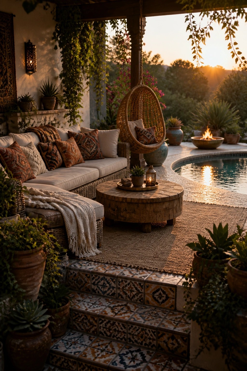 23 Fresh Pool Patio Furniture Ideas That Create Comfortable Outdoor Gathering Spaces A poolside patio at sunset shows a wicker sofa with pillows, a hanging wicker chair, a round wooden table, and a fire pit near the water.