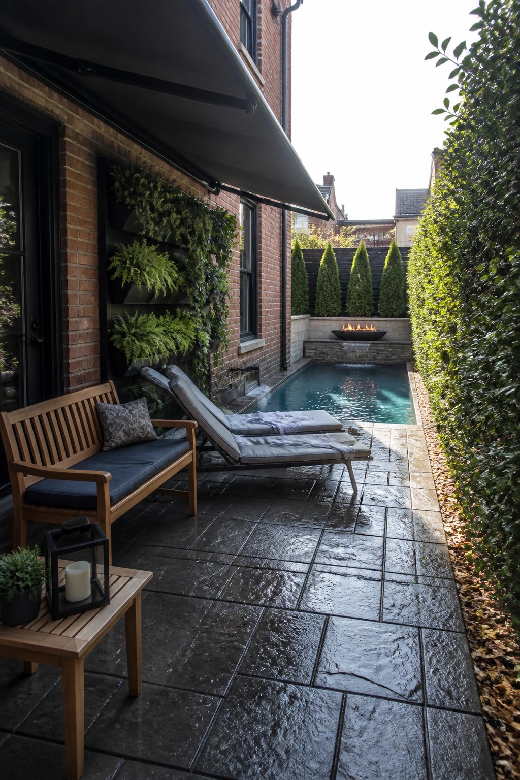23 Fresh Pool Patio Furniture Ideas That Create Comfortable Outdoor Gathering Spaces Stone patio with wooden bench, lounge chairs, pool, and vertical garden