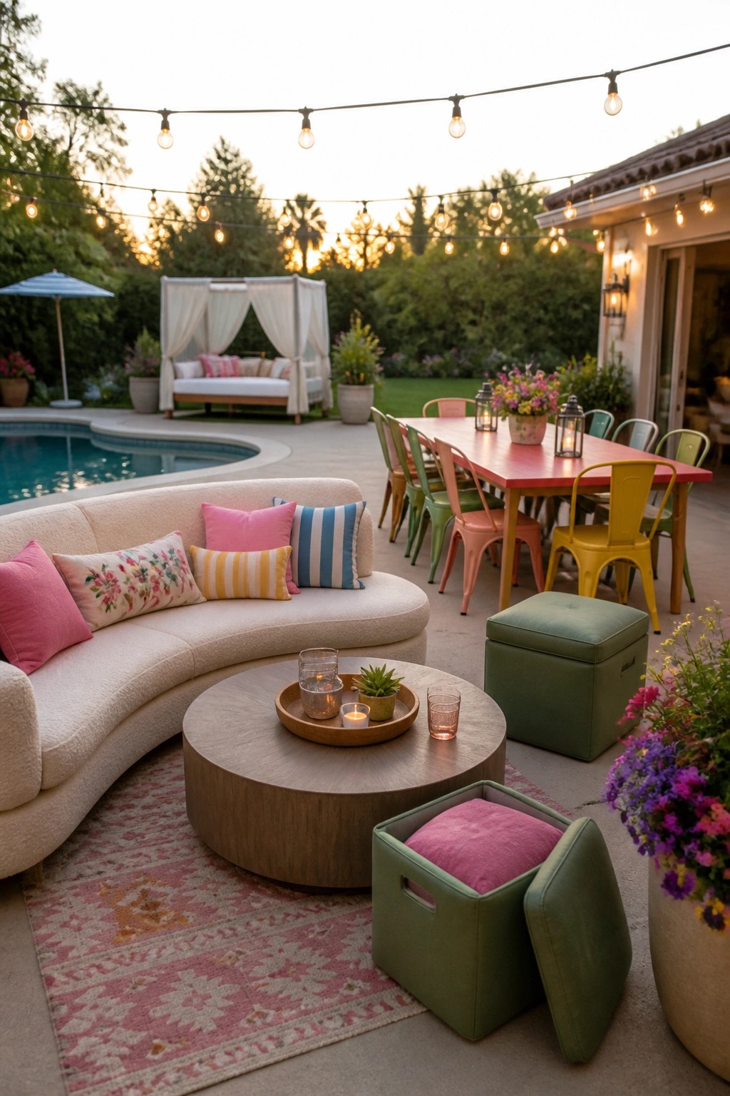 23 Fresh Pool Patio Furniture Ideas That Create Comfortable Outdoor Gathering Spaces Outdoor patio scene showing a pink dining table with mismatched colorful metal chairs, a curved sofa with pillows, a round coffee table on a patterned rug, green storage ottomans, string lights, and a pool nearby.