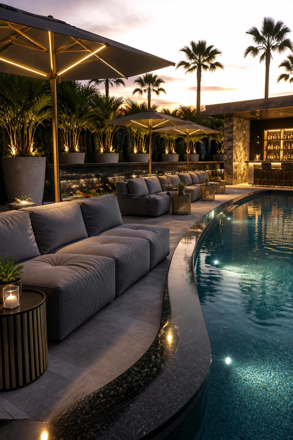 23 Fresh Pool Patio Furniture Ideas That Create Comfortable Outdoor Gathering Spaces Curved gray modular sectional sofas line the edge of a swimming pool at dusk with large umbrellas and palm trees nearby.