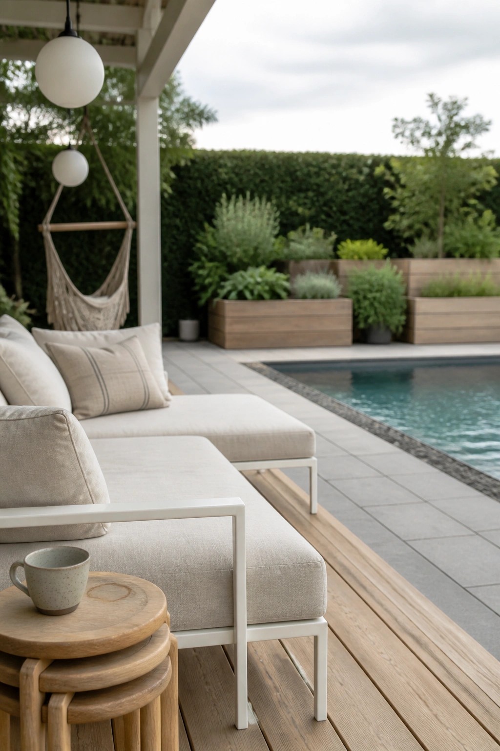 23 Fresh Pool Patio Furniture Ideas That Create Comfortable Outdoor Gathering Spaces A light-colored outdoor sectional sofa with cushions sits on a wooden deck beside a swimming pool, with a small wooden table holding a cup in the foreground.