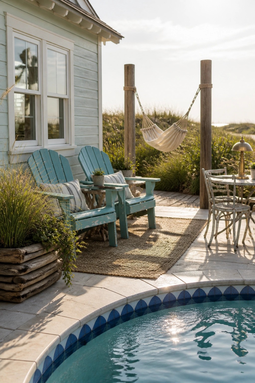 23 Fresh Pool Patio Furniture Ideas That Create Comfortable Outdoor Gathering Spaces Two turquoise Adirondack chairs sit on a woven outdoor rug beside a swimming pool with a hammock strung between posts in the background.