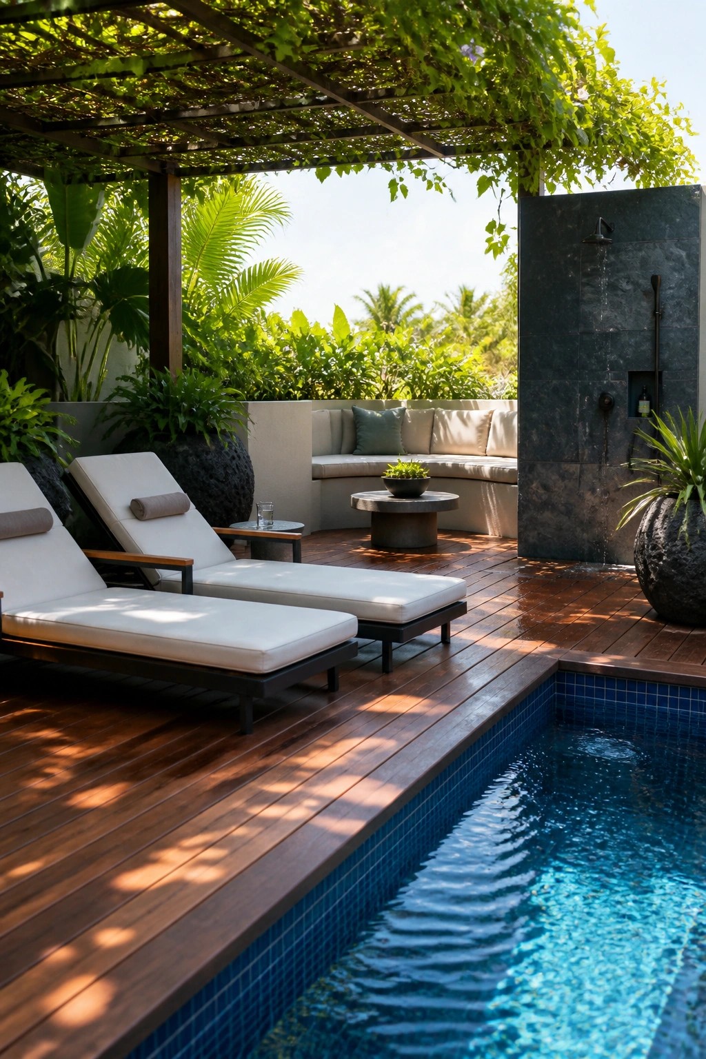 23 Fresh Pool Patio Furniture Ideas That Create Comfortable Outdoor Gathering Spaces Poolside wooden deck with two white lounge chairs, a curved built-in bench under a vine-covered pergola, and a dark tiled outdoor shower beside a blue-tiled swimming pool.