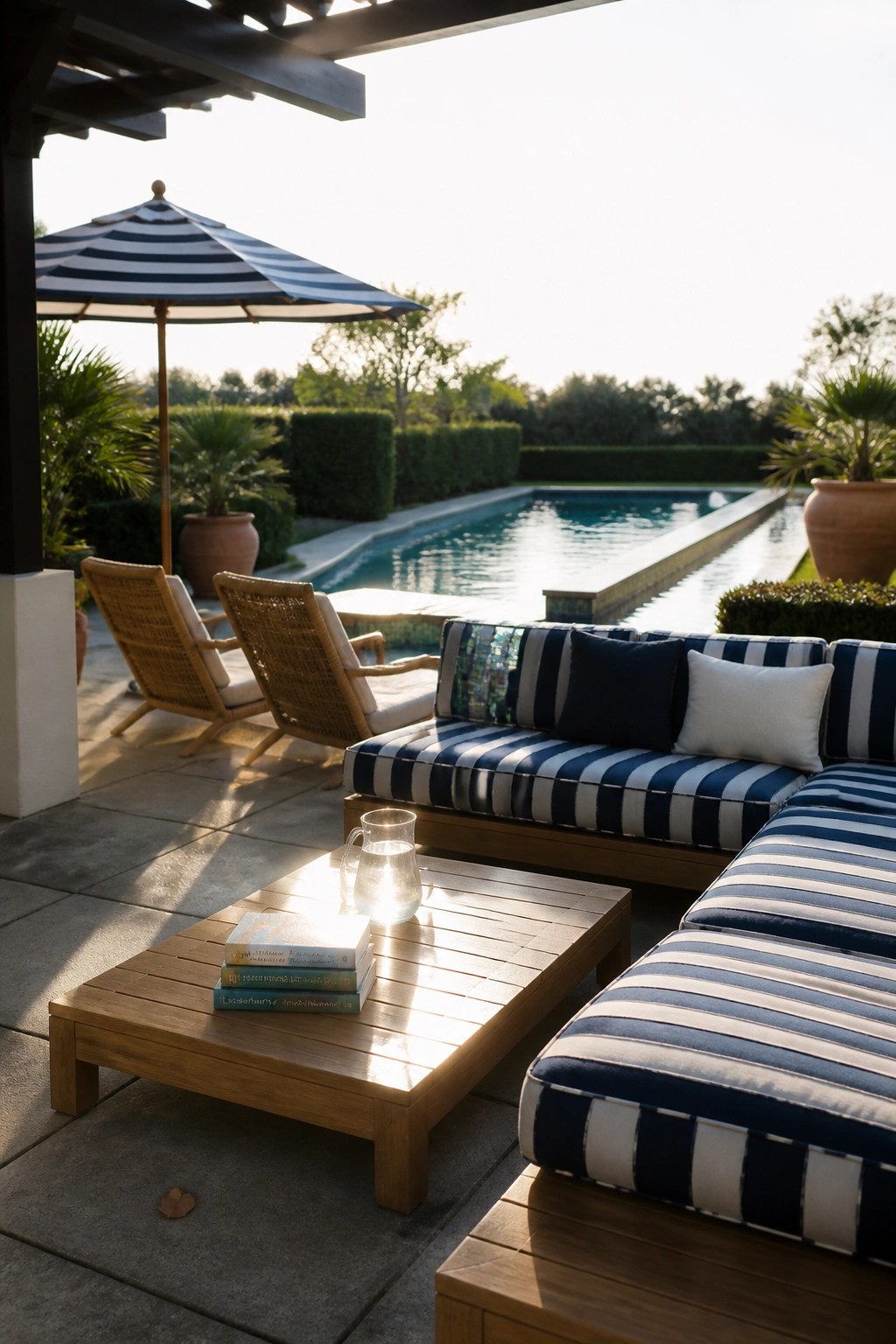 23 Fresh Pool Patio Furniture Ideas That Create Comfortable Outdoor Gathering Spaces A wooden outdoor sectional with blue and white striped cushions sits on a stone patio beside a long swimming pool, with a matching striped umbrella and two wicker chairs nearby.