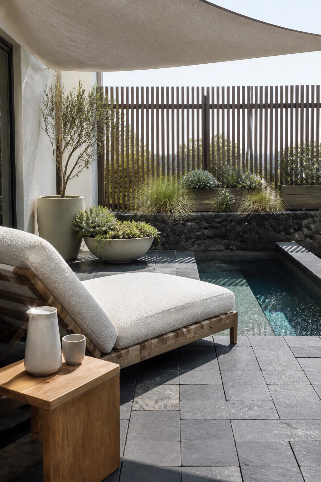23 Fresh Pool Patio Furniture Ideas That Create Comfortable Outdoor Gathering Spaces A wooden lounge chair with white cushions on a dark stone patio next to a narrow pool, with potted plants and a fabric shade overhead.