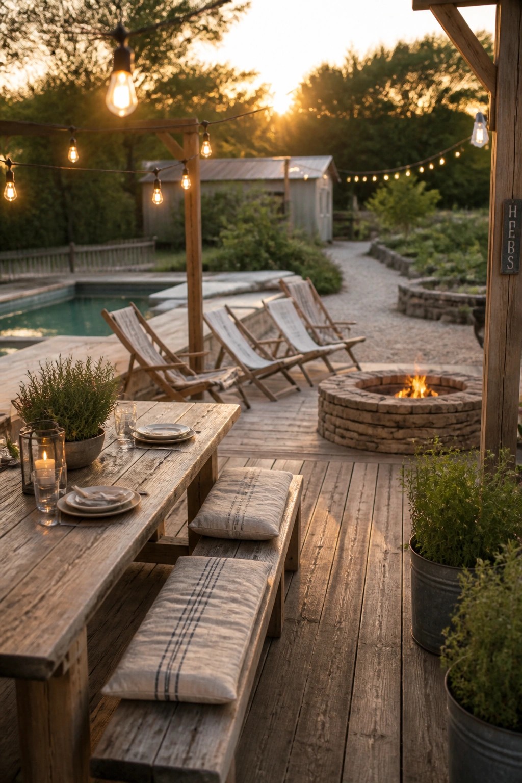 23 Fresh Pool Patio Furniture Ideas That Create Comfortable Outdoor Gathering Spaces A rustic wooden dining table with cushioned benches on a deck beside a stone fire pit, with a pool visible in the background.