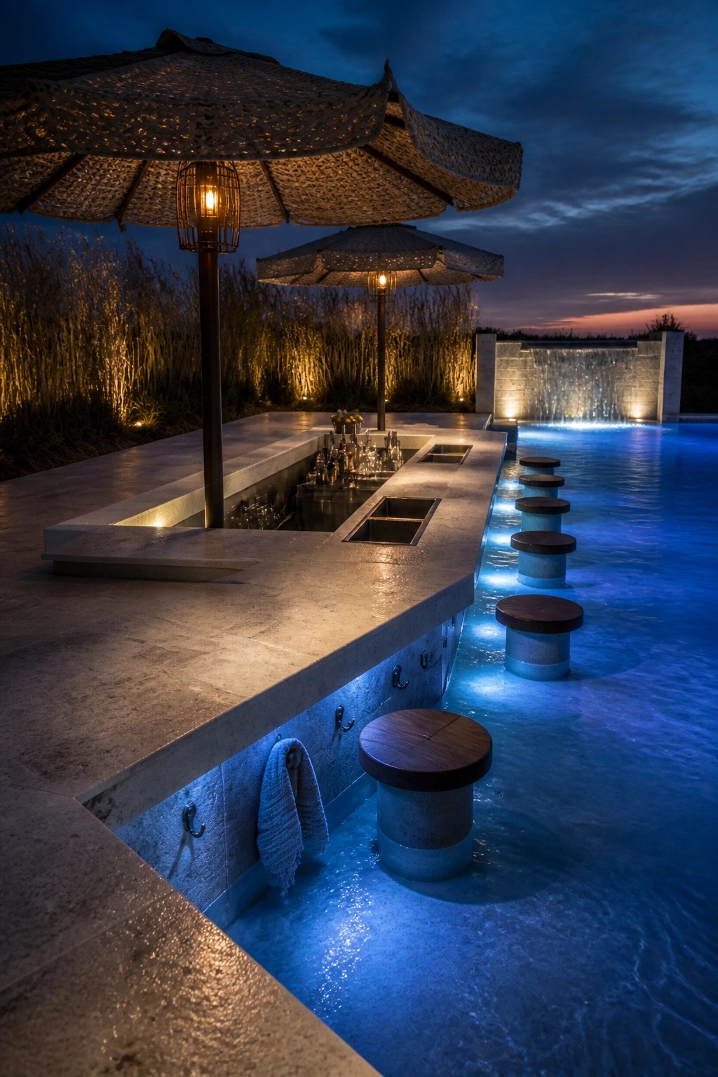 An outdoor pool bar at dusk with a stone counter, two large umbrellas with hanging lights, round stools placed in the water, and a waterfall feature in the background.