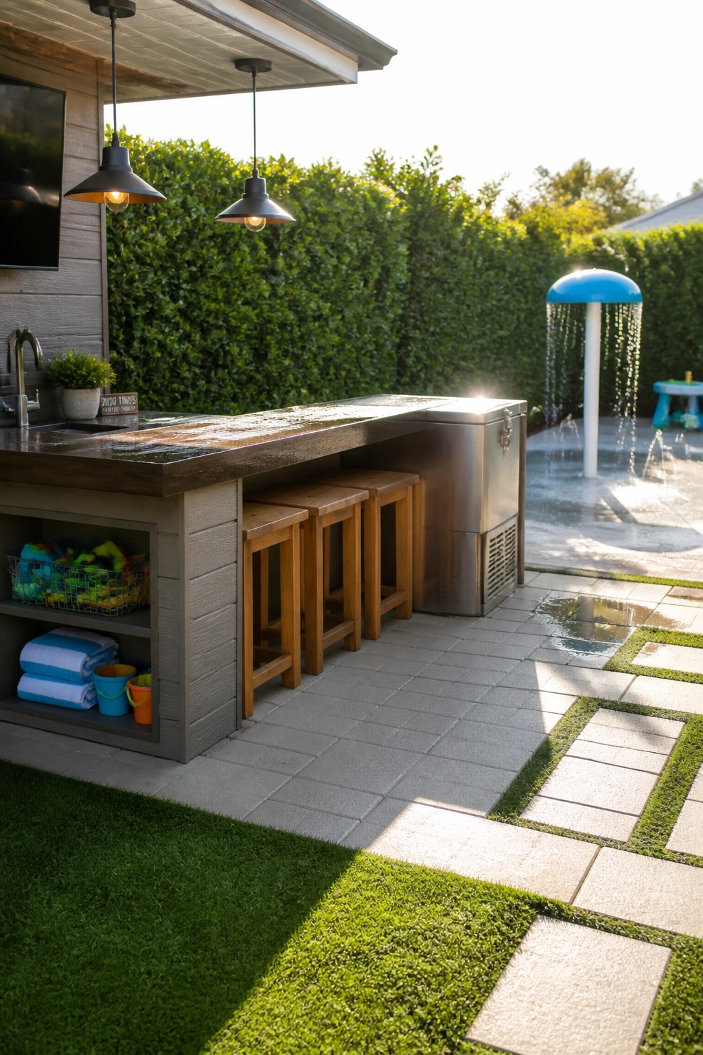 An outdoor bar counter with wooden stools next to a pool area that includes a blue fountain feature.