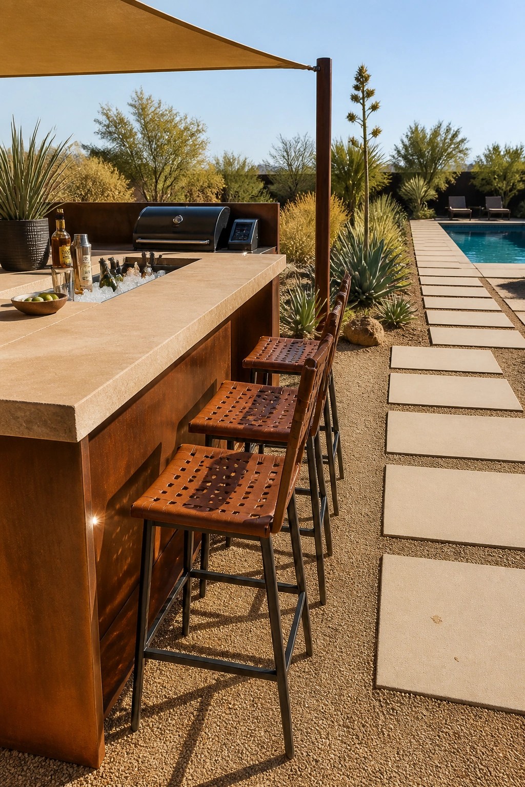 An outdoor bar with a stone counter, built-in ice bin, grill, and three brown leather bar stools on a gravel patio beside a pool.