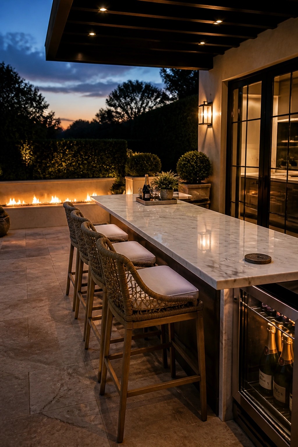 An outdoor patio bar with a marble countertop, four woven bar stools with cushions, and a built-in beverage cooler visible at the end.