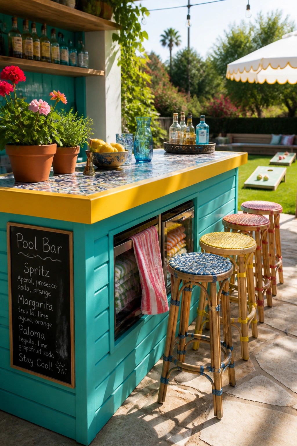A turquoise outdoor bar with a yellow countertop, a chalkboard menu listing drinks, and several colorful rattan stools on a stone patio.