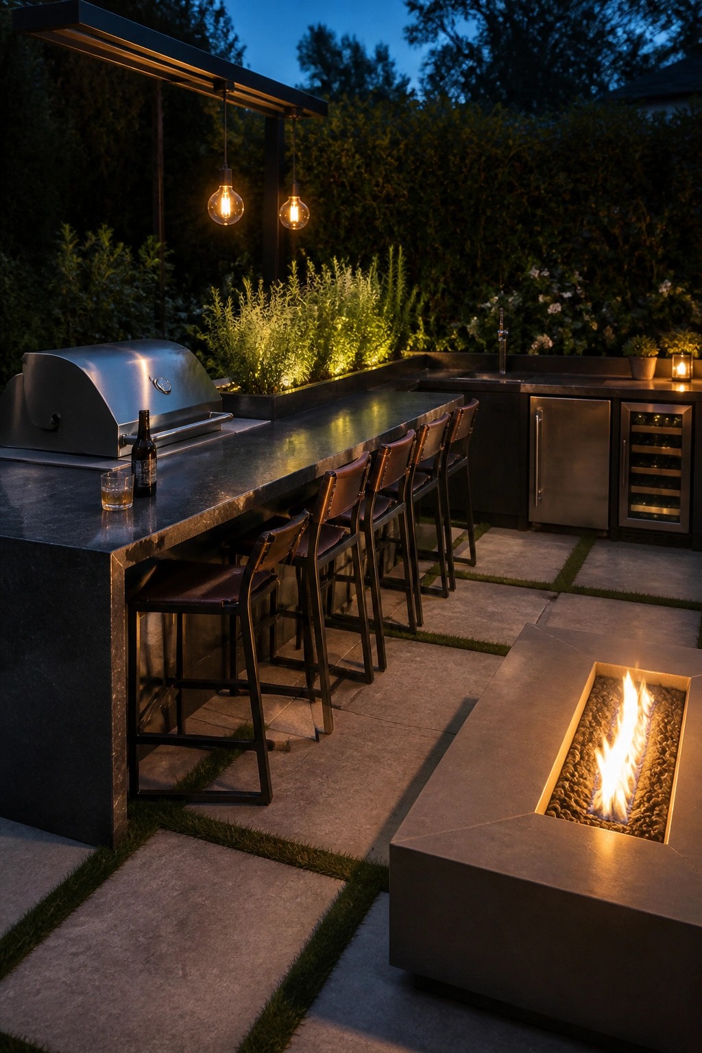 An outdoor kitchen at dusk with a long stone bar counter, bar stools, a built-in grill, and a concrete fire pit nearby.