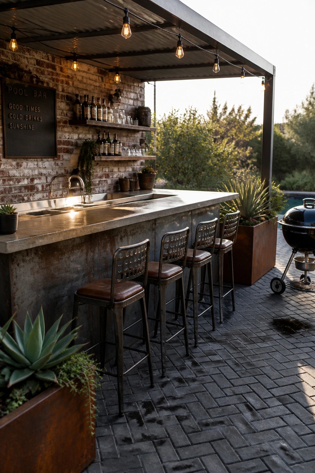 An outdoor poolside bar with a long concrete and metal counter, four metal bar stools with brown seats lined up in front, a brick wall behind, string lights overhead, and a grill to the right.