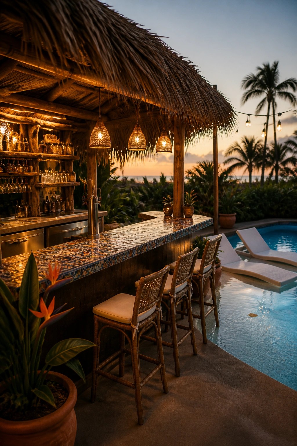 An outdoor bar with a thatched roof, colorful tile countertop, and woven bar stools positioned next to a swimming pool at sunset.