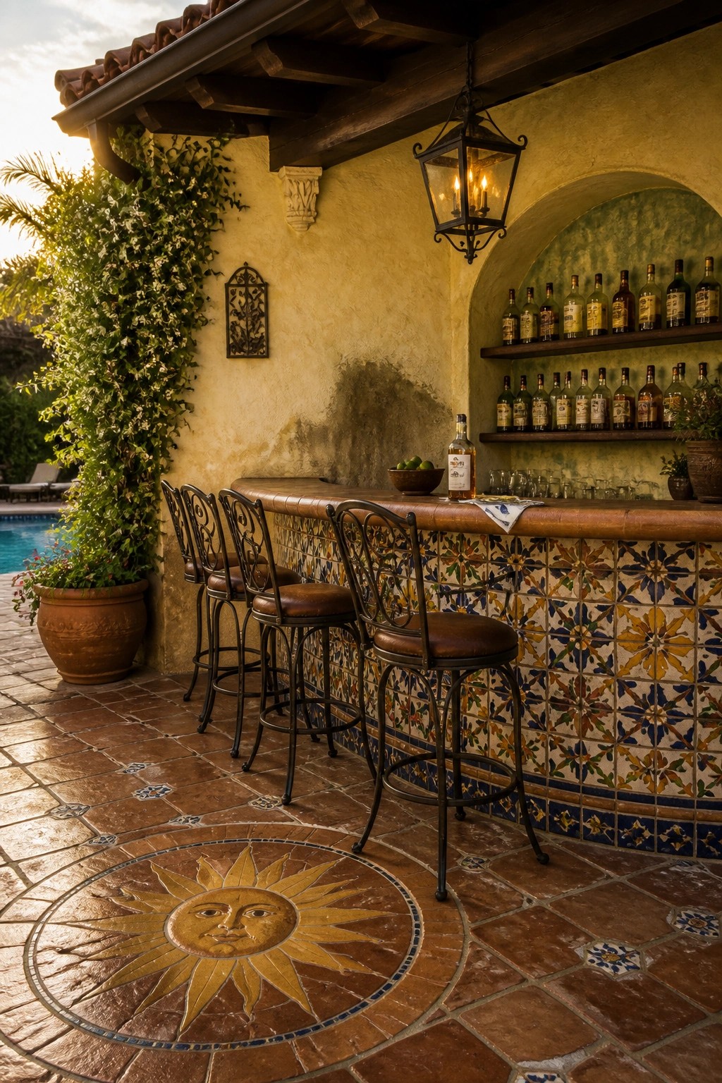 Rustic outdoor bar with colorful tiled counter, brown stools, and liquor shelves