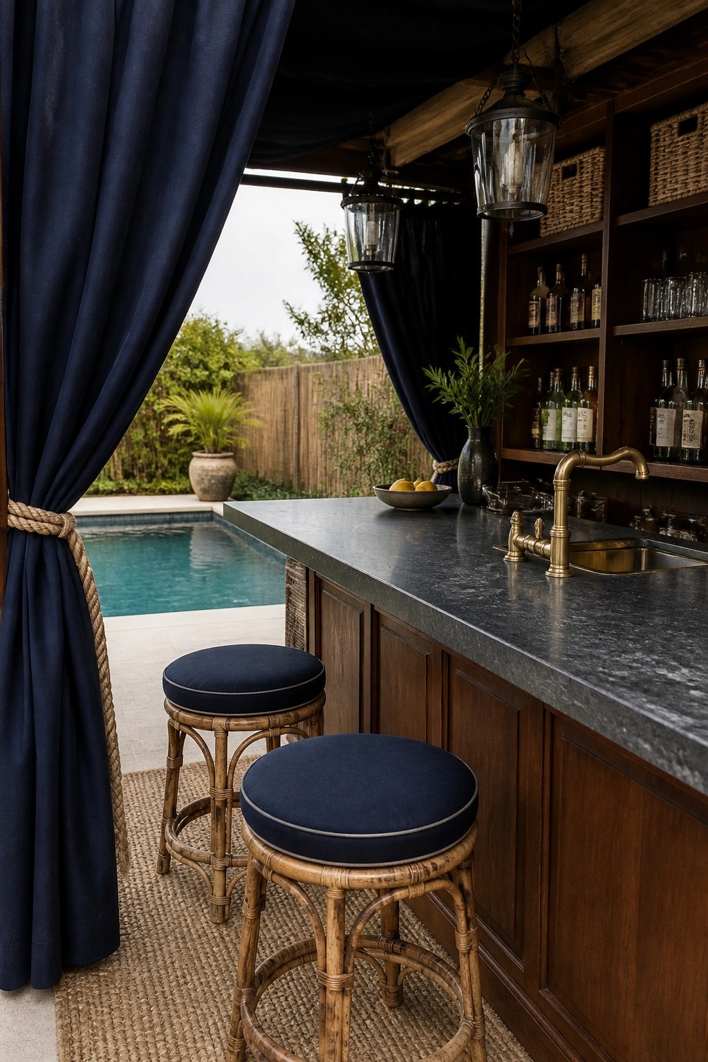 An outdoor bar with a dark stone top, wooden base, brass sink and faucet, two rattan stools with blue cushions, and a blue curtain tied back beside a swimming pool.
