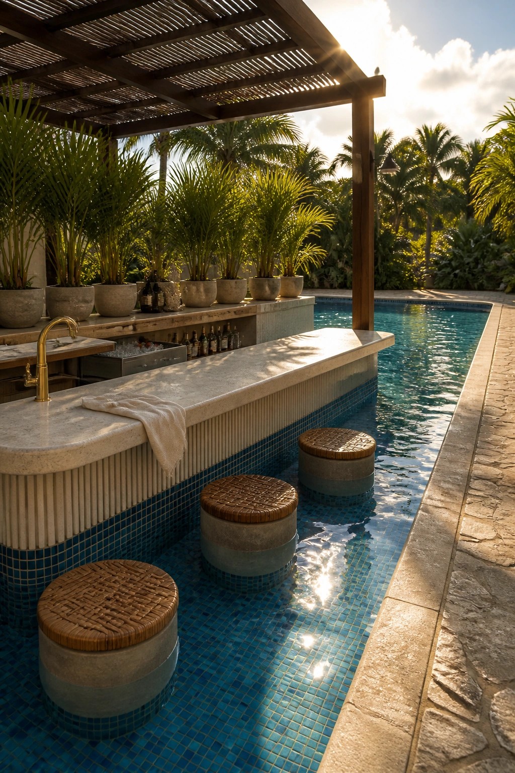 A stone bar counter with a brass faucet runs along the edge of a swimming pool, with two round stools sitting in the blue tiled water.